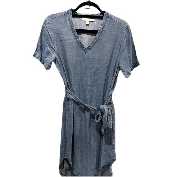 Chelsea & Violet Tencel Chambray Dress Small V-Neck Belted Short Sleeve Summer - Picture 1 of 9